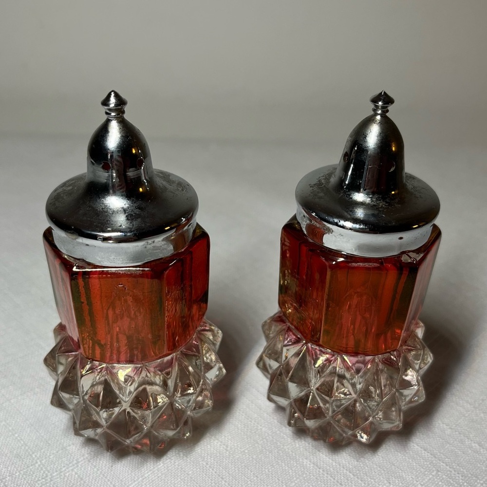 Vintage Indiana Glass Ruby Flash Diamond Point Salt and Pepper Shakers